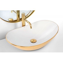 Umywalka Ceramiczna Nablatowa Royal Biało Złota + Bateria Umywalkowa Lungo + Korek Klik Klak