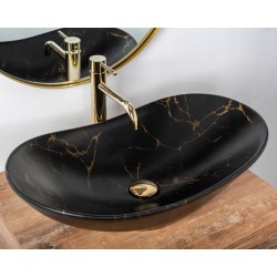 Umywalka Nablatowa Royal Marble Black Mat Rea + Bateria Złota Lungo + Korek Klik Klak