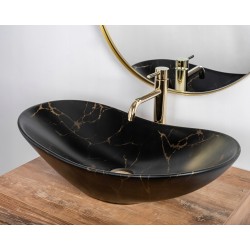 Umywalka Nablatowa Royal Marble Black Mat Rea + Bateria Złota Lungo + Korek Klik Klak