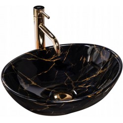Umywalka Nablatowa Sofia Black Marble Rea + Bateria Złota Nexos + Korek Klik Klak