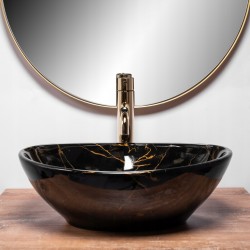 Umywalka Nablatowa Sofia Black Marble Rea + Bateria Złota Nexos + Korek Klik Klak