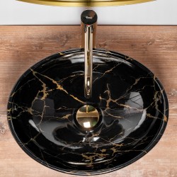 Umywalka Nablatowa Sofia Black Marble Rea + Bateria Złota Nexos + Korek Klik Klak