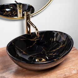 Umywalka Nablatowa Sofia Black Marble Rea + Bateria Złota Nexos + Korek Klik Klak