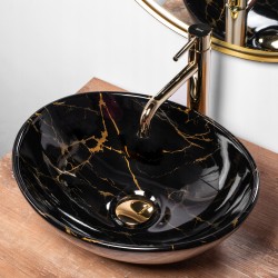Umywalka Nablatowa Sofia Black Marble Rea + Bateria Złota Nexos + Korek Klik Klak