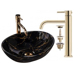 Umywalka Nablatowa Sofia Black Marble Rea + Bateria Złota Nexos + Korek Klik Klak