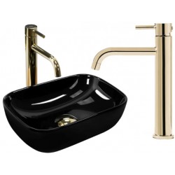 Umywalka nablatowa Belinda Mini Black Rea + Bateria Lungo Gold