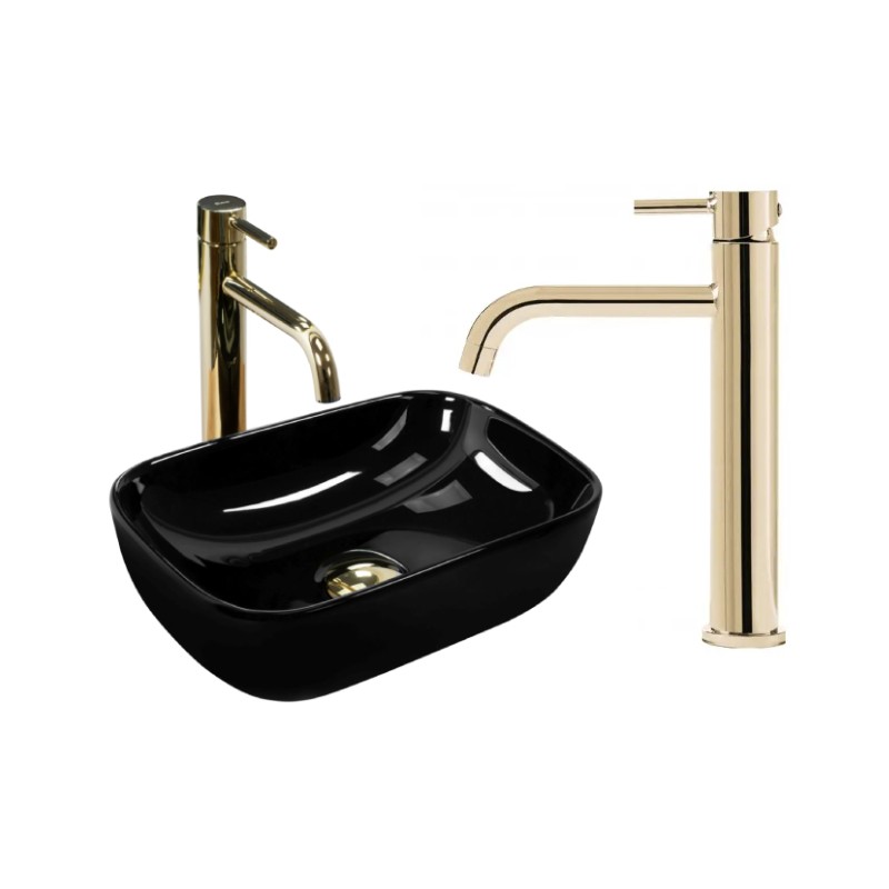 Umywalka nablatowa Belinda Mini Black Rea + Bateria Lungo Gold