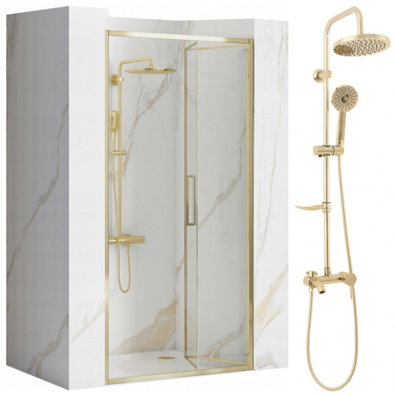 Drzwi Prysznicowe 100 cm Złote Rea Fold + Zestaw Natryskowy Luis